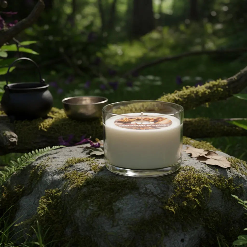 Bougie Parfumée Naturelle Senses of Nature coulée dans un verre transparent, posée sur une roche moussue en forêt à côté d'un petit chaudron et d'un bol métallique.
