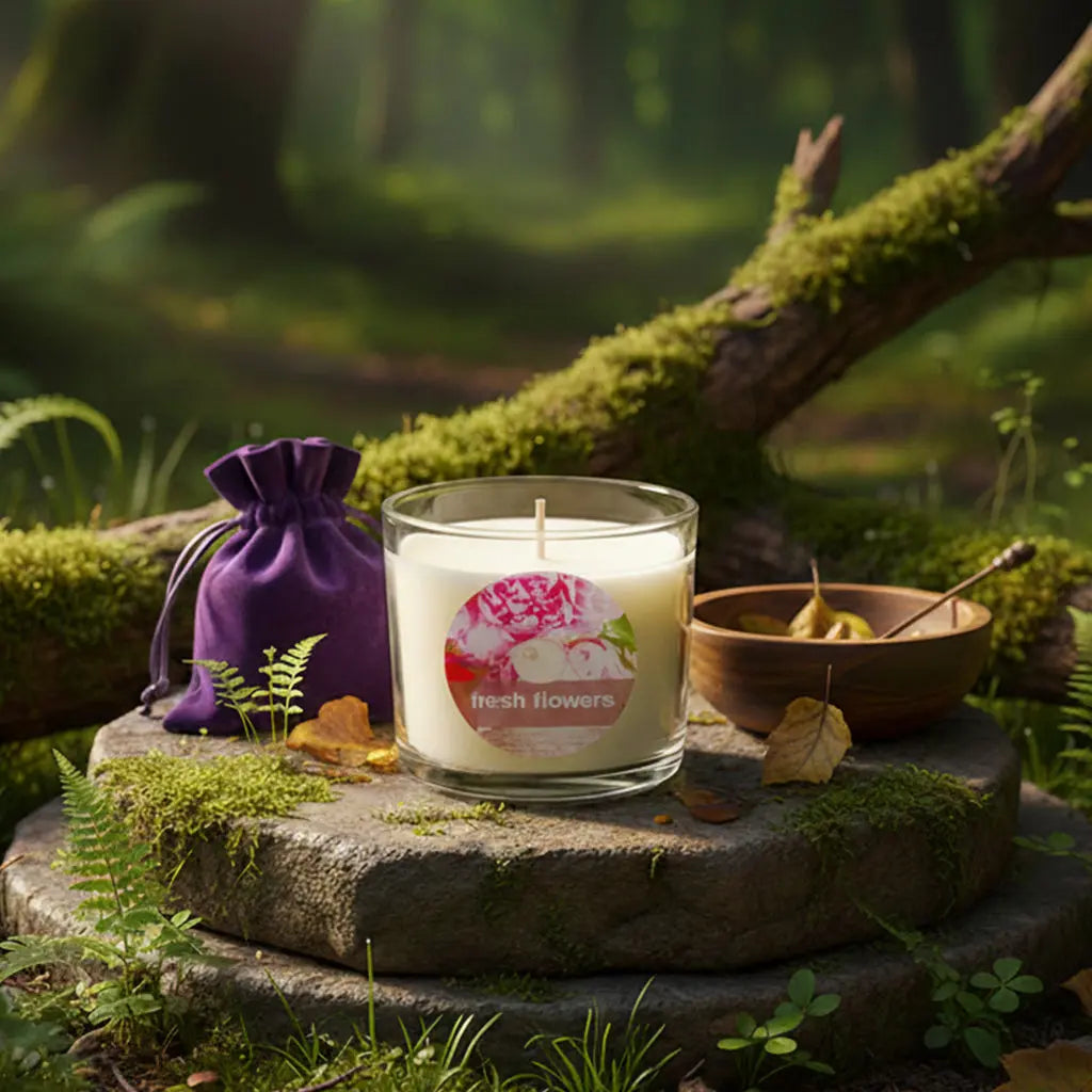 Bougie Parfumée Naturelle Sens de la Nature 25h - Fleurs Fraîches en cire végétale dans son écrin de verre posée sur une pierre moussue au cœur de la forêt.