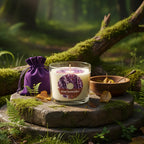 Bougie Parfumée Naturelle Sens de la Nature 25h - Lavande en cire végétale dans son écrin de verre, posée sur une pierre moussue avec une pochette violette au cœur de la forêt.