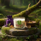 Bougie Parfumée Naturelle Sens de la Nature 25h - Citronnelle en cire végétale dans son écrin de verre, posée sur une pierre moussue au cœur de la forêt avec pochette violette.