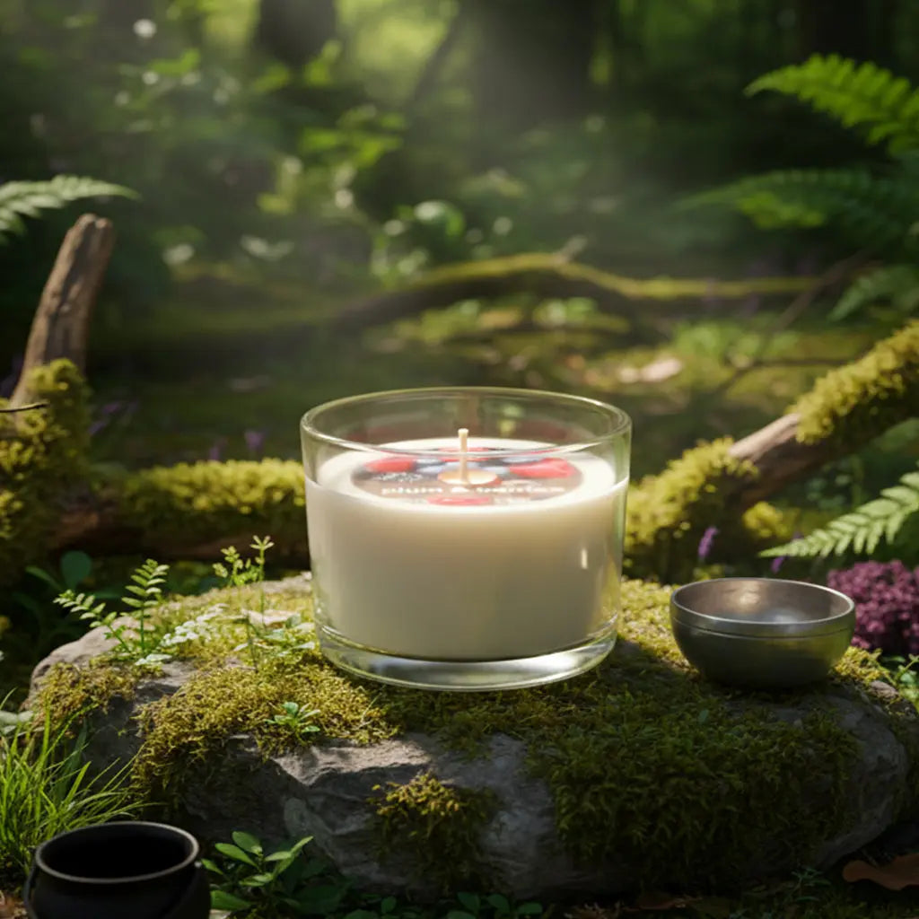 Bougie Parfumée Naturelle Senses of Nature coulée dans un verre transparent, posée sur une pierre moussue en pleine forêt avec un petit bol en métal à ses côtés.