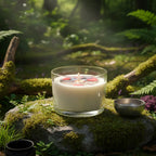 Bougie Parfumée Naturelle Senses of Nature coulée dans un verre transparent, posée sur une pierre moussue en pleine forêt avec un petit bol en métal à ses côtés.
