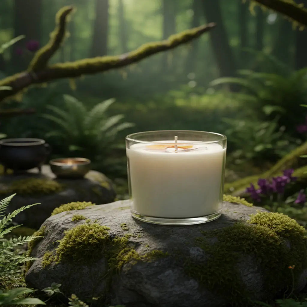 Bougie Parfumée Naturelle Senses of Nature coulée dans un verre transparent, posée sur une roche moussue en forêt à côté d'un petit chaudron et d'un bol métallique.