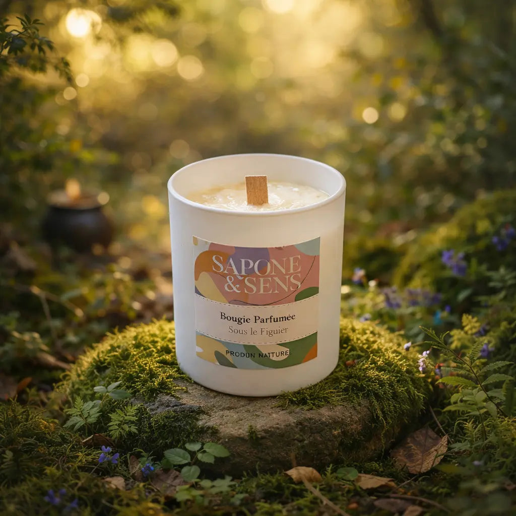 Bougie parfumée artisanale Sous le Figuier avec mèche en bois sur un socle de pierre et mousse en forêt.