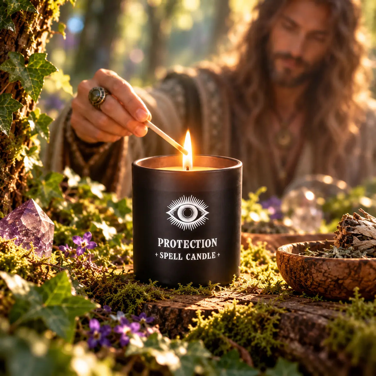 Femme allumant la bougie de rituel Protection Spell Candle avec une allumette, installée au cœur d'une forêt entourée de mousses, de cristaux d'améthyste et de plantes sacrées.   