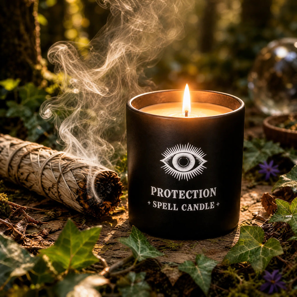 Bougie magique allumée Protection Spell Candle à côté d'un bâton de sauge blanche fumant, posée sur une souche moussue en pleine forêt.   