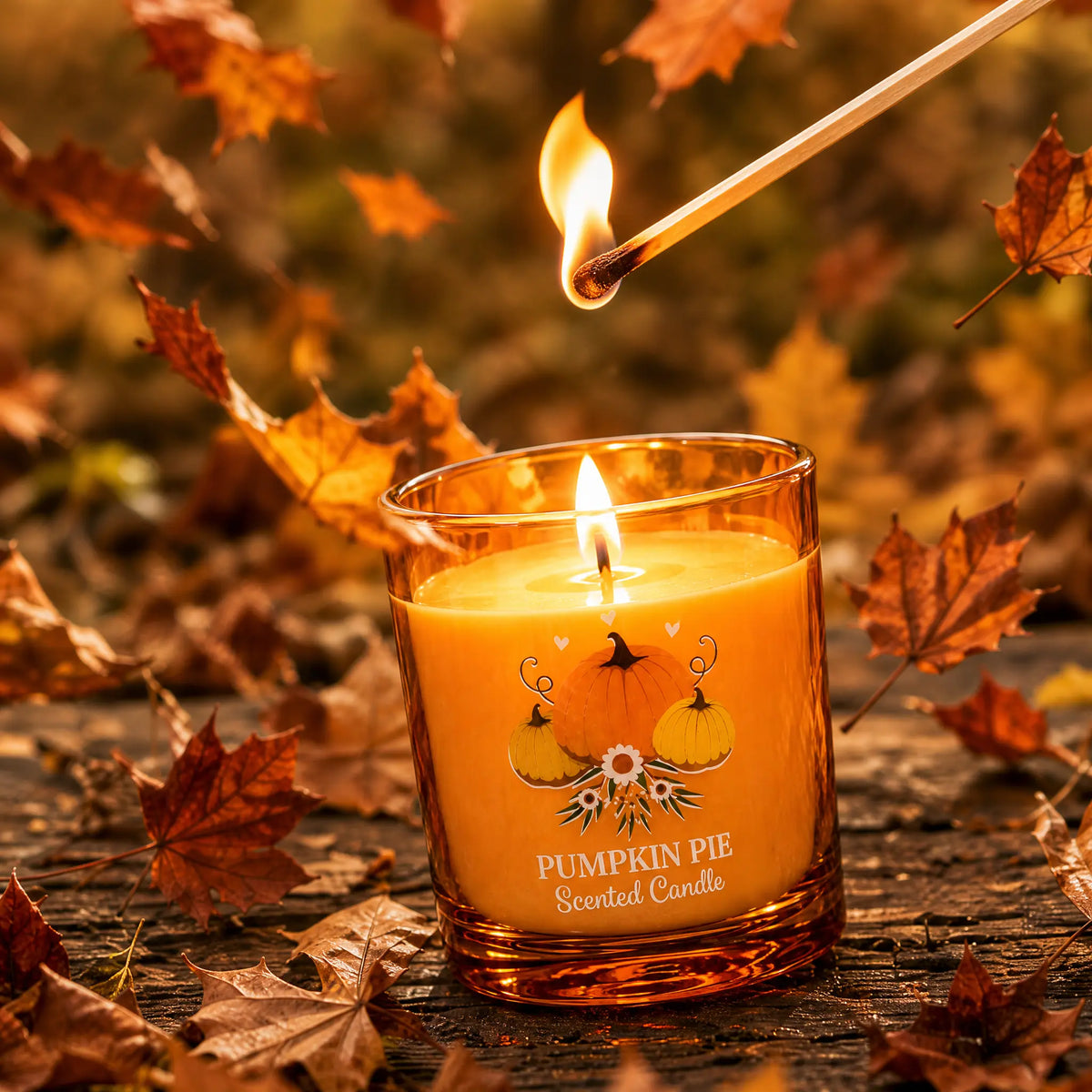 Bougie parfumée Pumpkin Pie allumée avec une allumette, posée sur une table en bois rustique couverte de feuilles d'automne.   