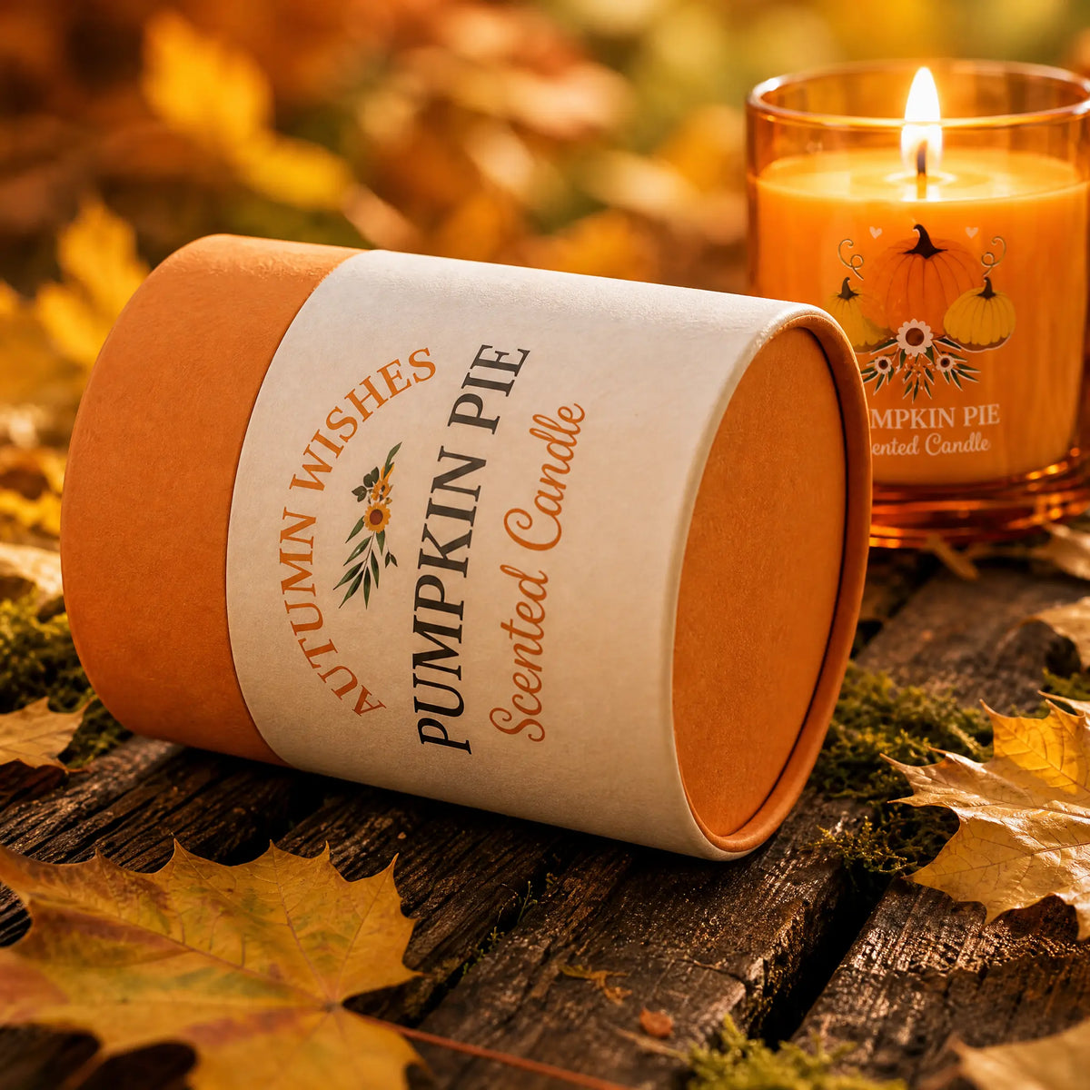 Boîte cylindrique et bougie parfumée Pumpkin Pie allumée, posées sur une table en bois entourée de feuilles d'automne.