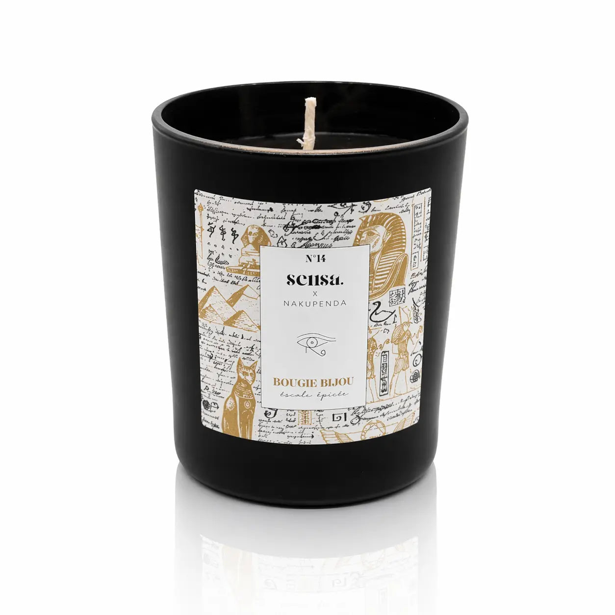 Bougie bijou Sensa x Nakupenda n°14 Escale Égypte présentée de face dans son pot noir mat.