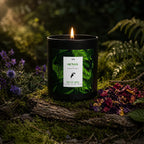 Bougie bijou Sensa x Nakupenda n°8 allumée dans une forêt avec mousse, fougères et fleurs séchées.