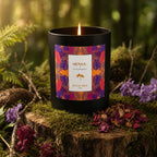 Bougie parfumée Eskalia Escale Été à l'étiquette violette et orangée, allumée sur un tronc d'arbre moussue entourée de fleurs violettes et de pétales séchés dans un bois.