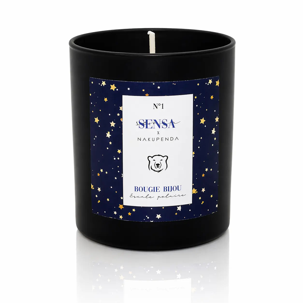 Bougie bijou Sensa x Nakupenda n°1 Escale Polaire présentée de face dans son pot noir mat.