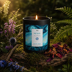 Bougie parfumée Eskalia Escale Santorin allumée au cœur d'un sous-bois, posée sur une écorce d'arbre avec de la mousse, entourée de fougères et de fleurs violettes.