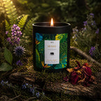 Bougie parfumée Eskalia Escale Thaïlande allumée, posée sur un tronc d'arbre moussue au cœur d'une forêt, entourée de pétales séchés et de fleurs violettes sauvages.