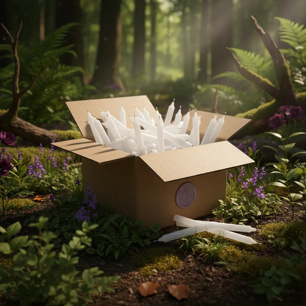 Carton de 100 bougies blanches teintées dans la masse, fines et élégantes, présenté en pleine nature.