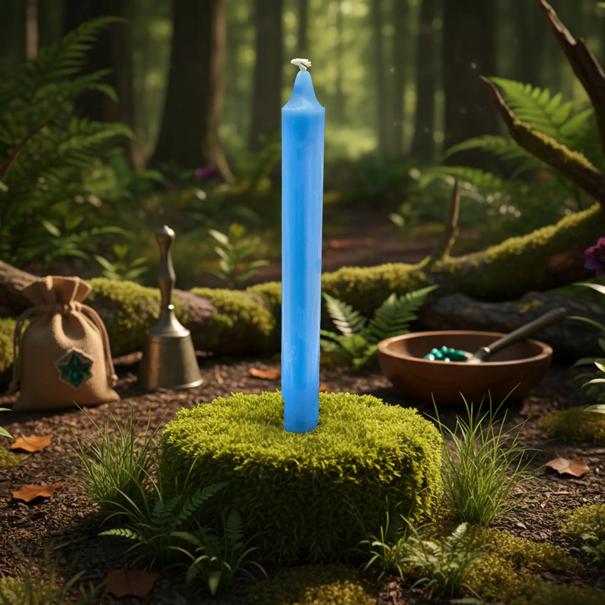 Bougie teintée dans la masse bleu ciel dressée au cœur d’un cercle de mousse en pleine forêt, idéale pour vos rituels de paix intérieure, de communication douce, de guérison émotionnelle et de connexion angélique en magie et ésotérisme.