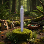 Bougie teintée gris perle dressée sur un socle de mousse en pleine forêt, entourée d’accessoires rituels et de verdure pour une ambiance magique et naturelle.