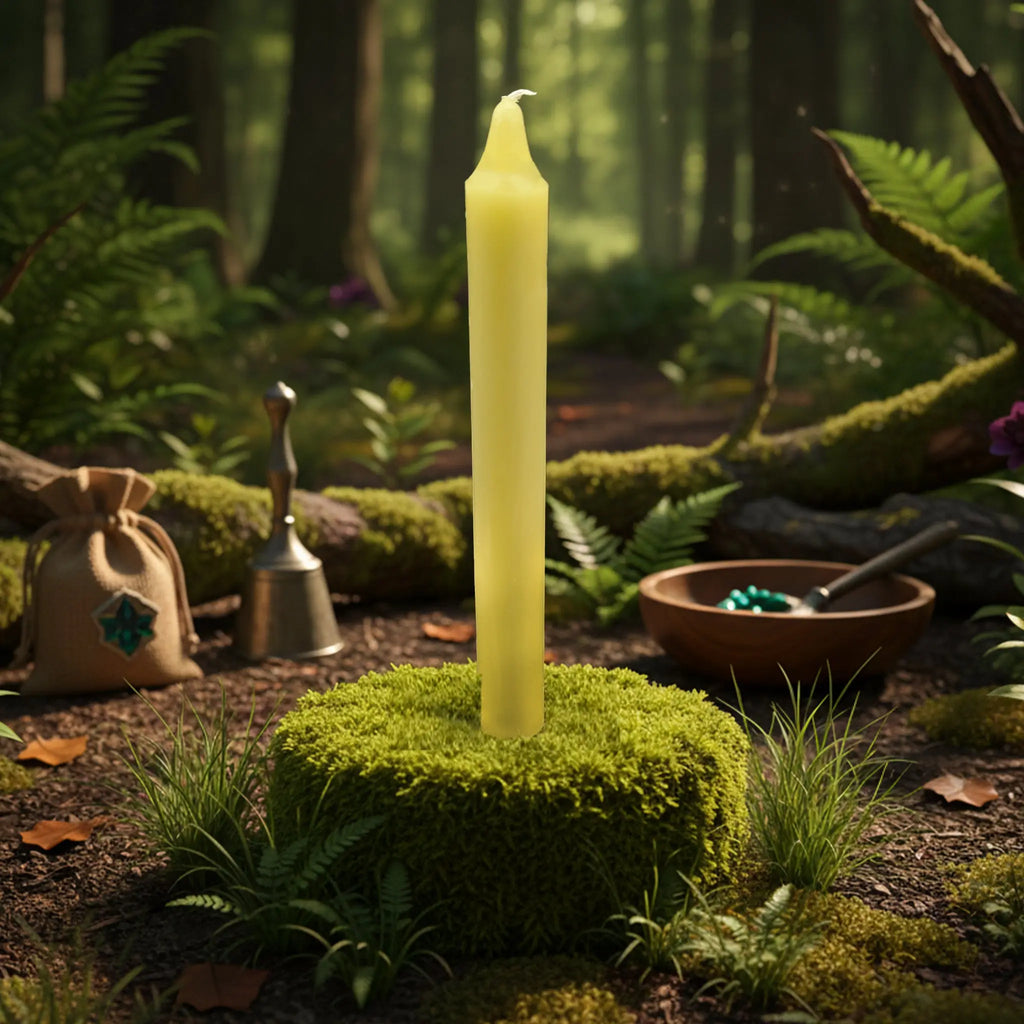 Bougie ésotérique jaune clair non allumée, longue et fine, dressée sur un coussin de mousse au cœur d’une forêt verdoyante, ambiance rituel magique en pleine nature.