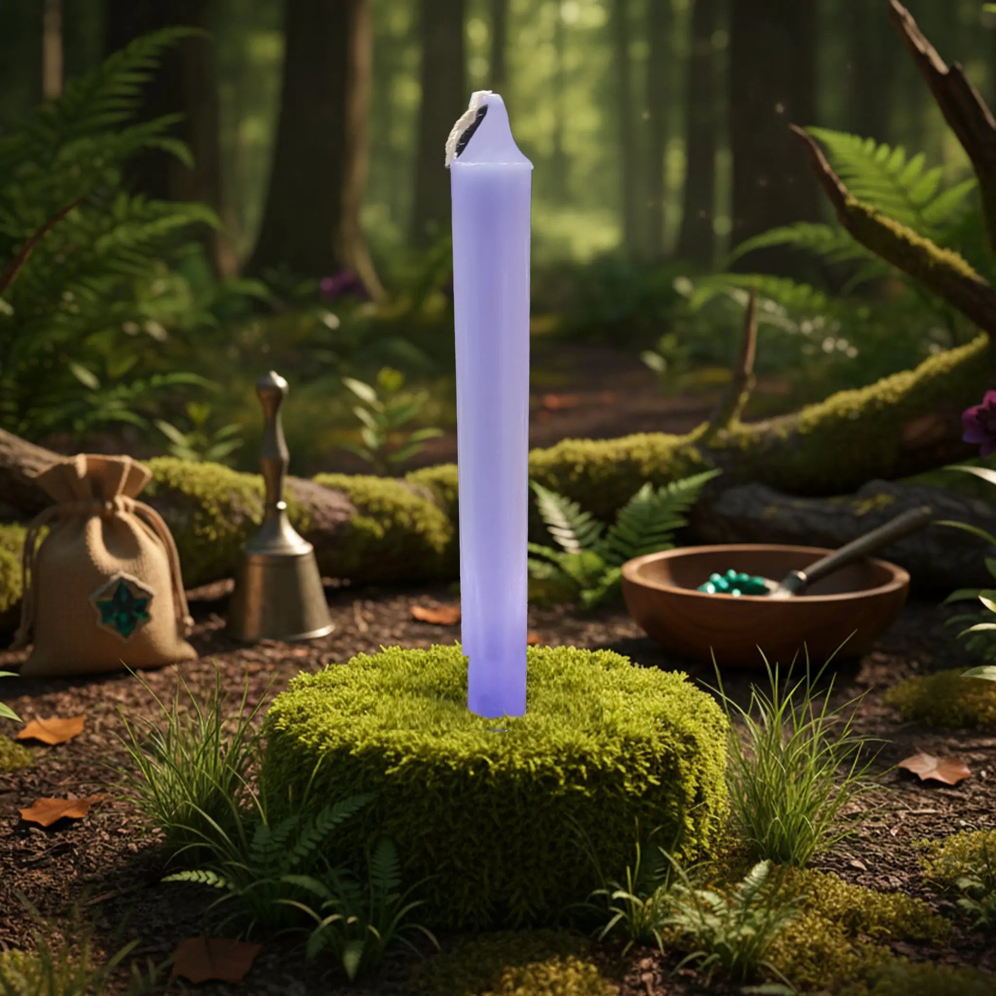 Bougie droite lilas non allumée, dressée sur un coussin de mousse au cœur d’une forêt, bougie ésotérique teintée dans la masse.
