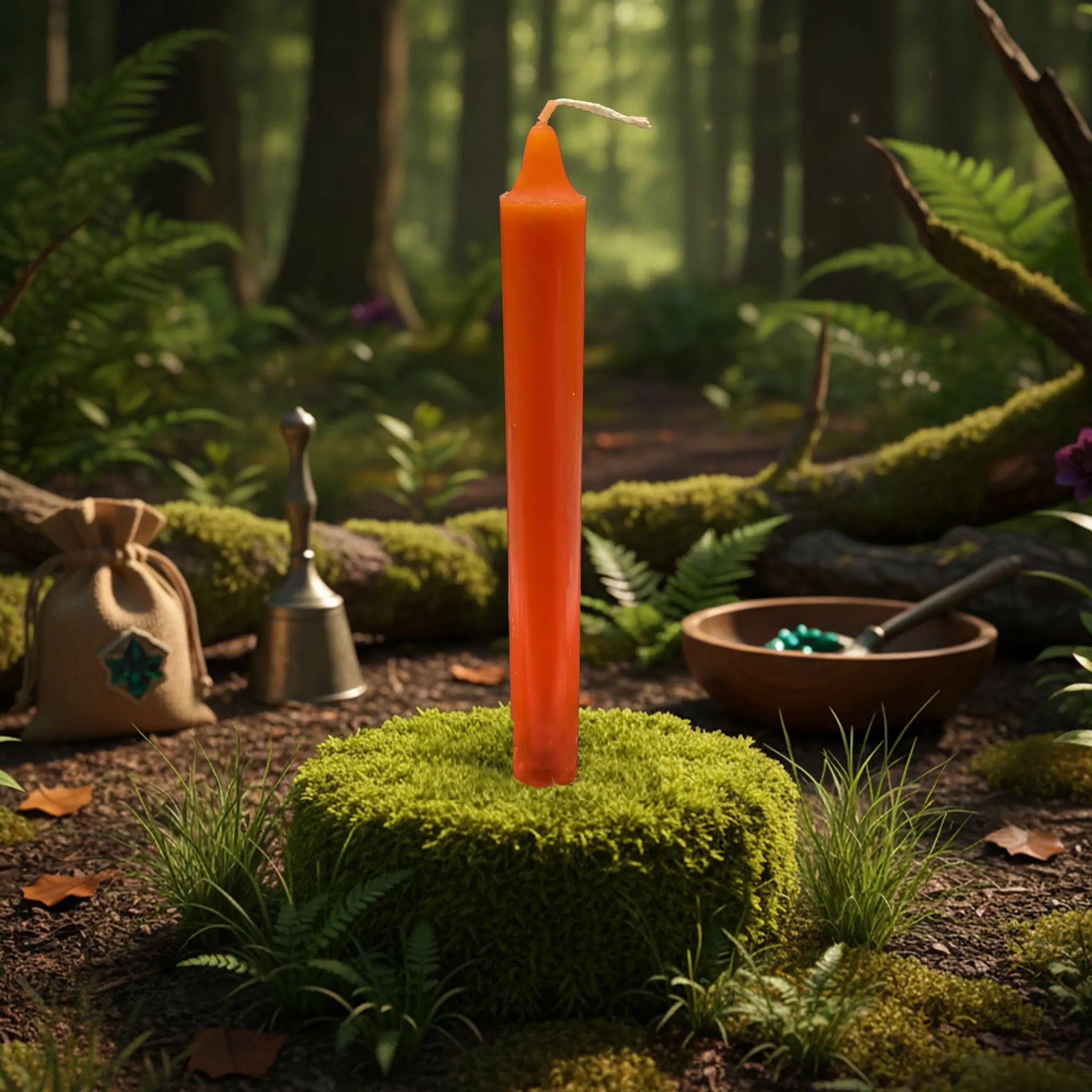 Bougie teintée dans la masse orange vive, dressée sur un coussin de mousse au cœur de la forêt, prête à accompagner rituels de joie, de créativité et de vitalité.