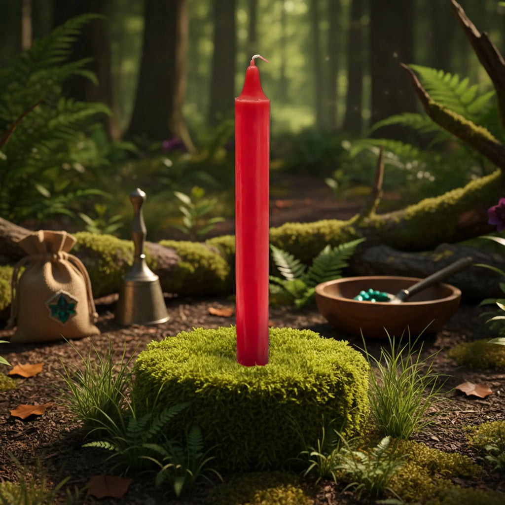 Bougie rouge dressée au centre d’un coussin de mousse en pleine forêt, mise en scène dans un décor naturel pour rituel ésotérique.