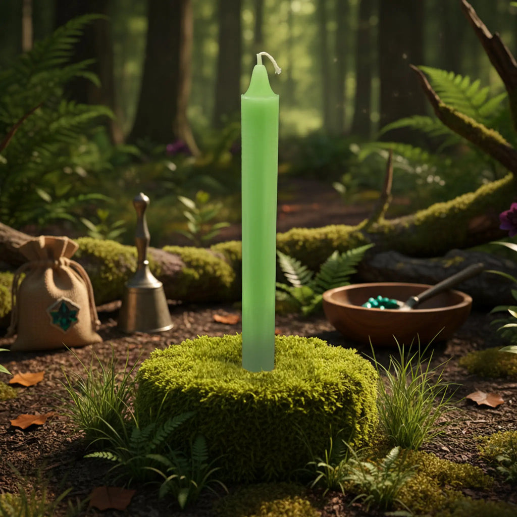 Bougie longue vert Nil teintée dans la masse, plantée au centre d’un coussin de mousse dans une clairière forestière, entourée d’accessoires ésotériques et de végétation.