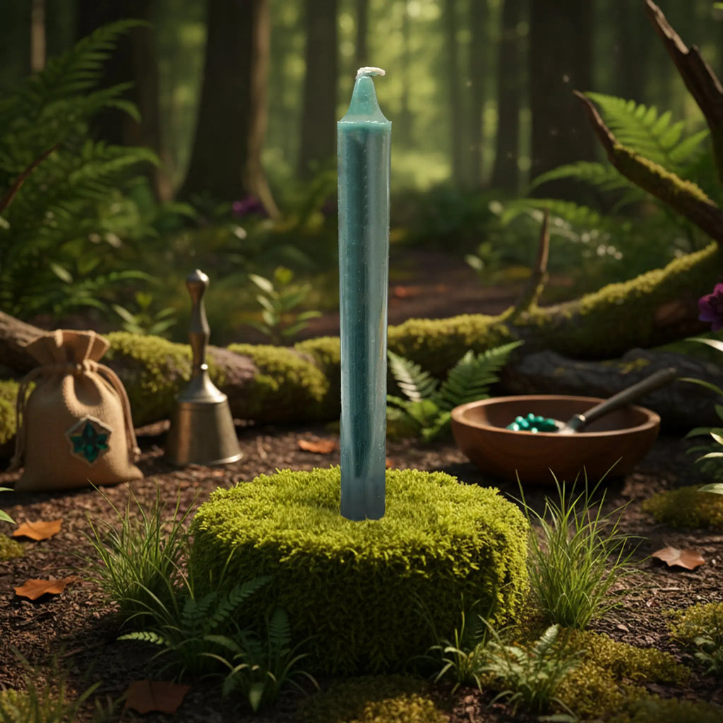 Bougie longue vert sapin dressée sur un coussin de mousse au cœur d’une forêt, ambiance naturelle et magique.