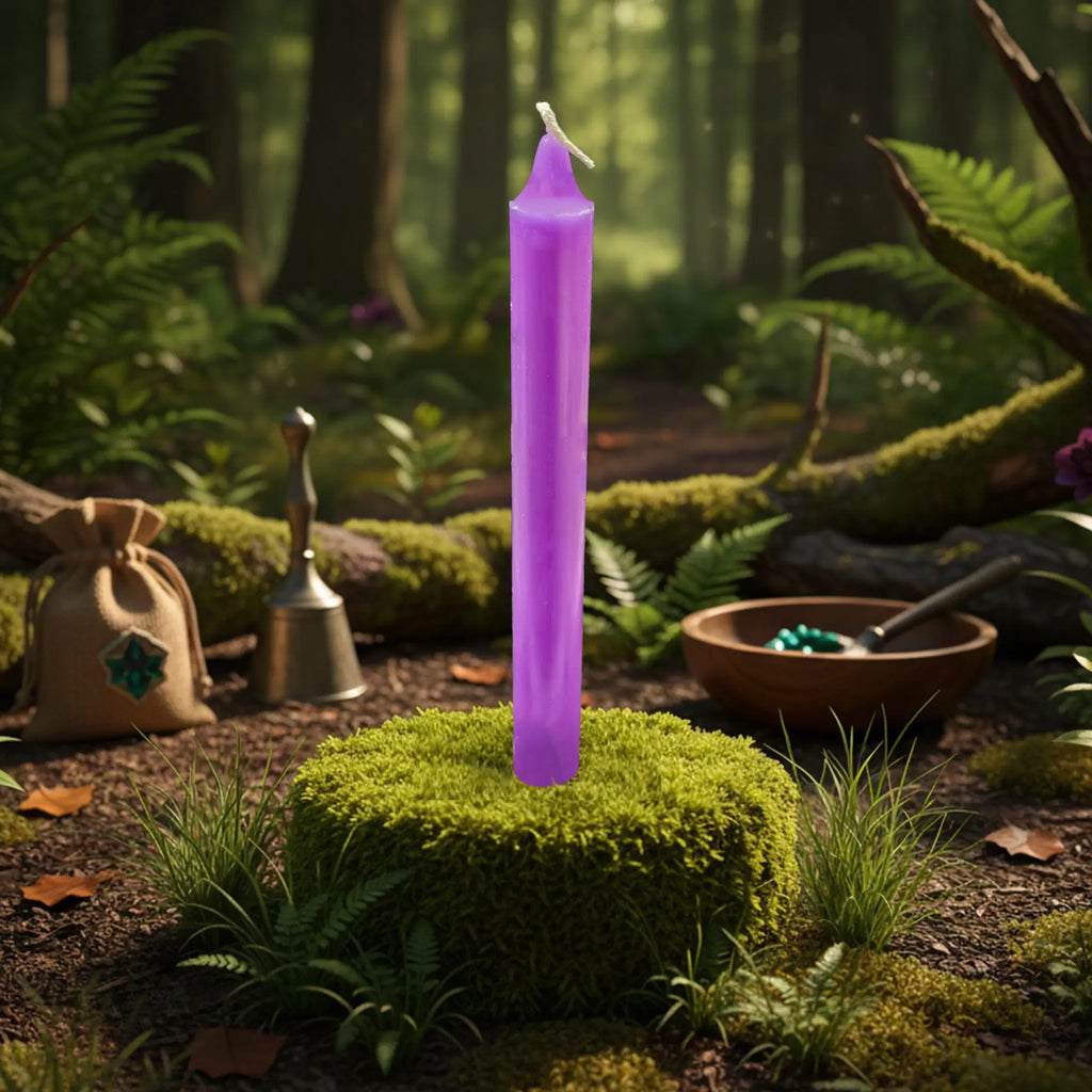 Bougie ésotérique violette non allumée dressée sur un coussin de mousse verte, dans une clairière de forêt au décor de rituel magique.