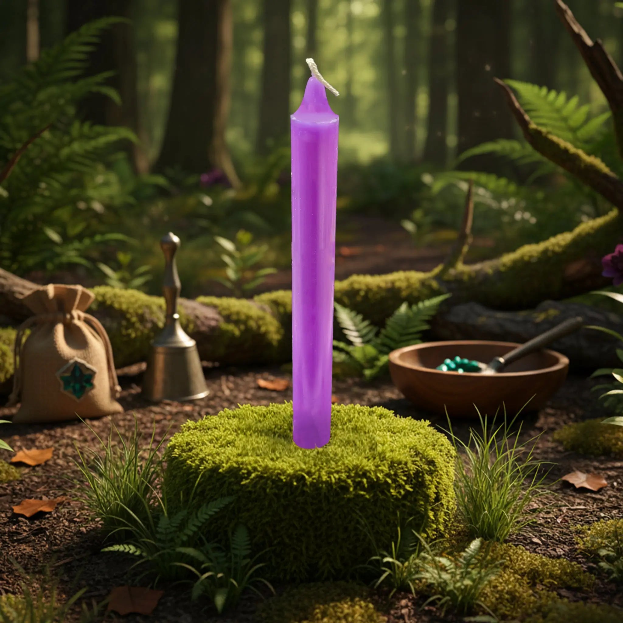 Bougie ésotérique violette non allumée dressée sur un coussin de mousse verte, dans une clairière de forêt au décor de rituel magique.