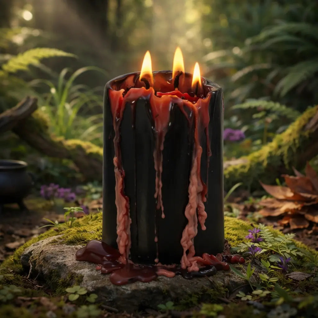 Une bougie noire à trois mèches, dite "bougie vampire", dont la cire rouge coule le long des parois comme du sang, mise en scène sur une pierre moussue au cœur d'une forêt mystique et ensoleillée.