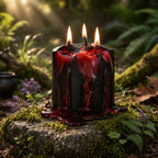 Une bougie noire à trois mèches allumée, dont la cire rouge sang coule sur les parois et s'accumule sur une pierre moussue, dans un décor de forêt enchantée baigné d'une lumière tamisée.