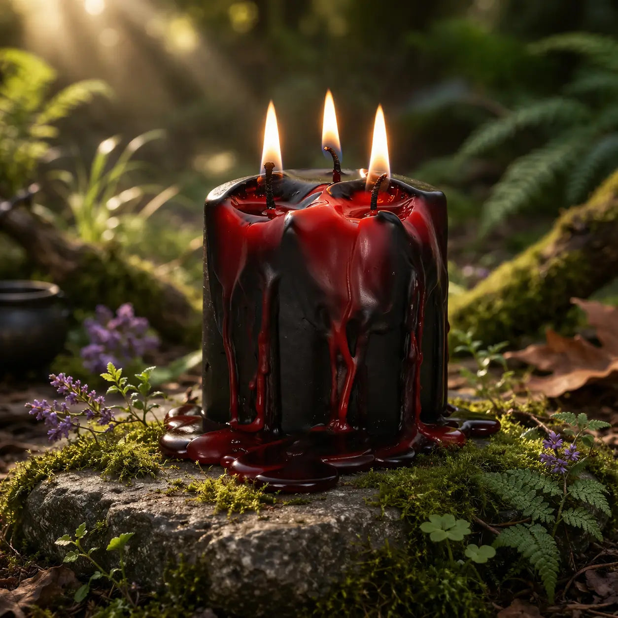 Une bougie noire à trois mèches allumée, dont la cire rouge sang coule sur les parois et s'accumule sur une pierre moussue, dans un décor de forêt enchantée baigné d'une lumière tamisée.