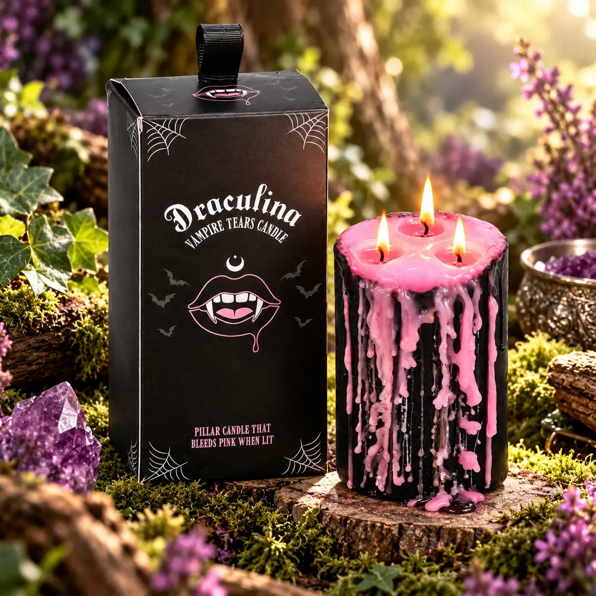 Bougie Antique Vampire Draculina 3 Mèches allumée aux coulures roses à côté de sa boîte, posée en forêt sur de la mousse.