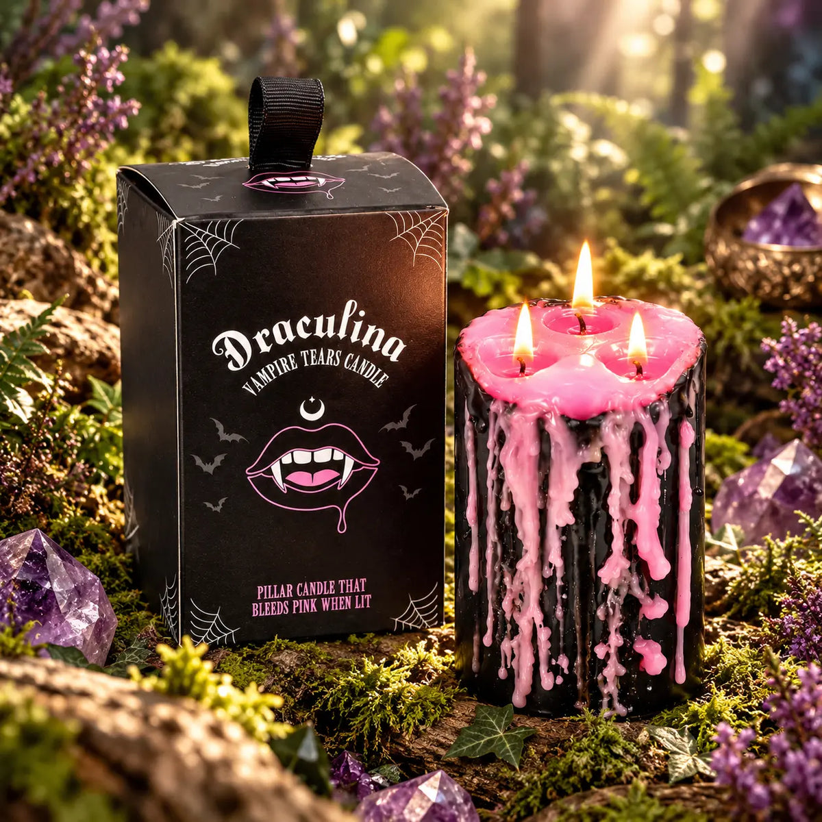 Bougie Antique Vampire Draculina 3 Mèches allumée aux coulures roses à côté de sa boîte, posée en forêt sur de la mousse.