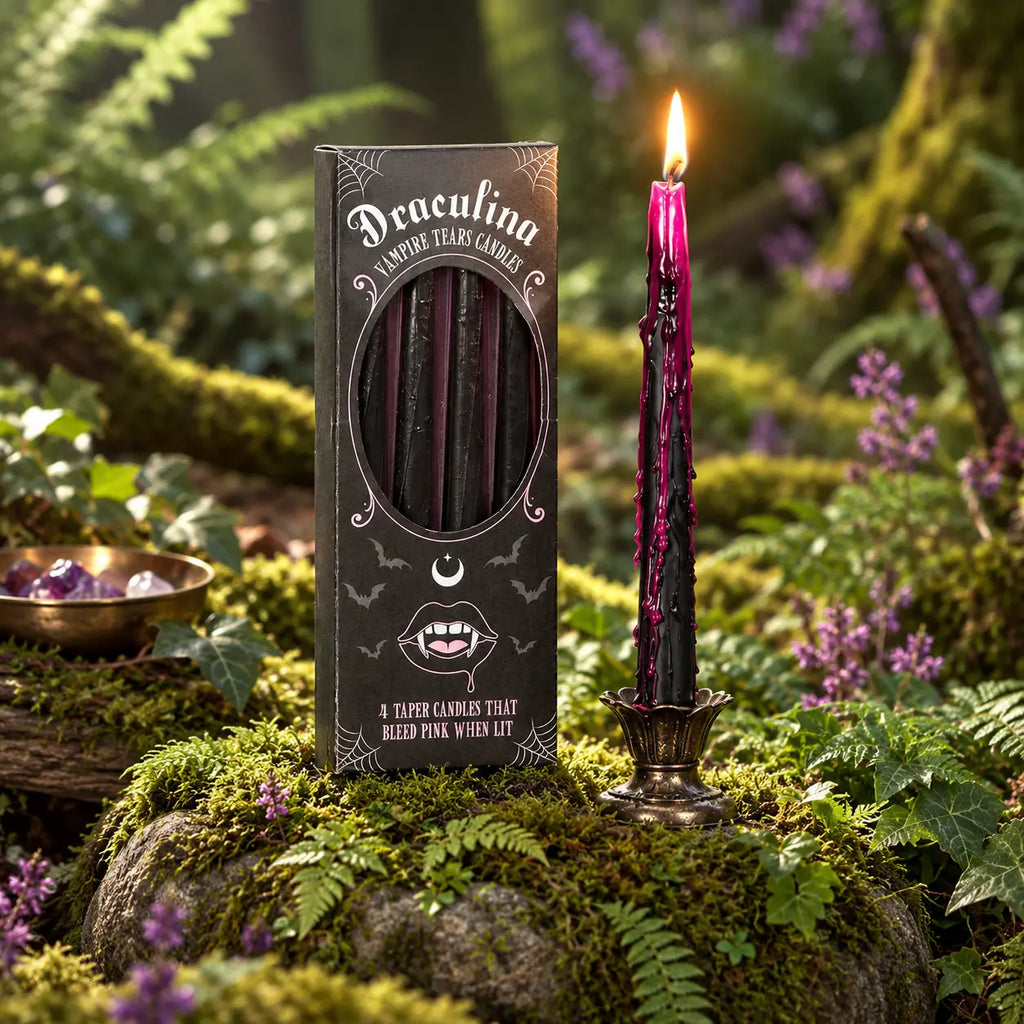 Boîte noire de bougies Draculina Vampire tears candles avec fenêtre montrant 4 cierges effilés, posée sur de la mousse à côté d'un cierge allumé aux coulures roses sur bougeoir en métal.