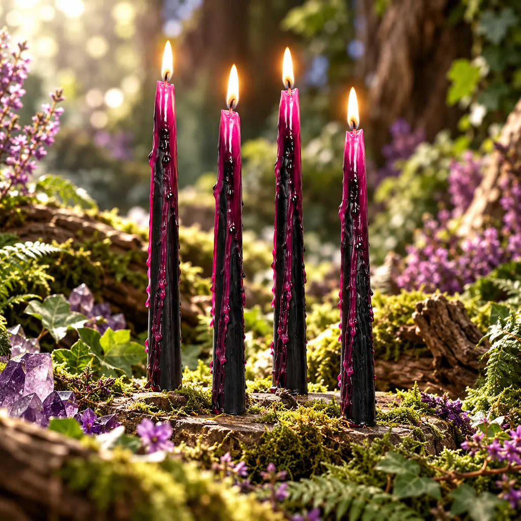 Quatre bougies Bougie Antique Vampire Draculina allumées aux coulures roses, posées sur de la mousse près d'améthystes.
