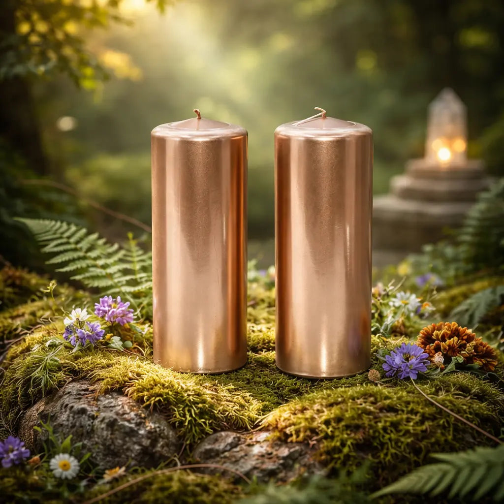 Duo de bougies piliers métalisées cylindre cuivre 100h de 20 cm de haut sur un support naturel en forêt.