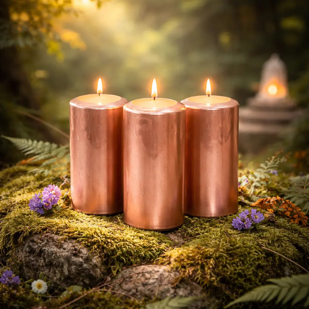 Trio de bougies piliers métalisées cylindre cuivre de 10 cm allumées dans un jardin mystique et naturel.