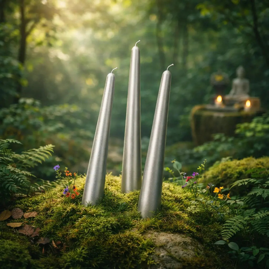 Lot de trois bougies métalisées flambeau argent de 25 cm de haut disposées dans un cadre naturel et zen.