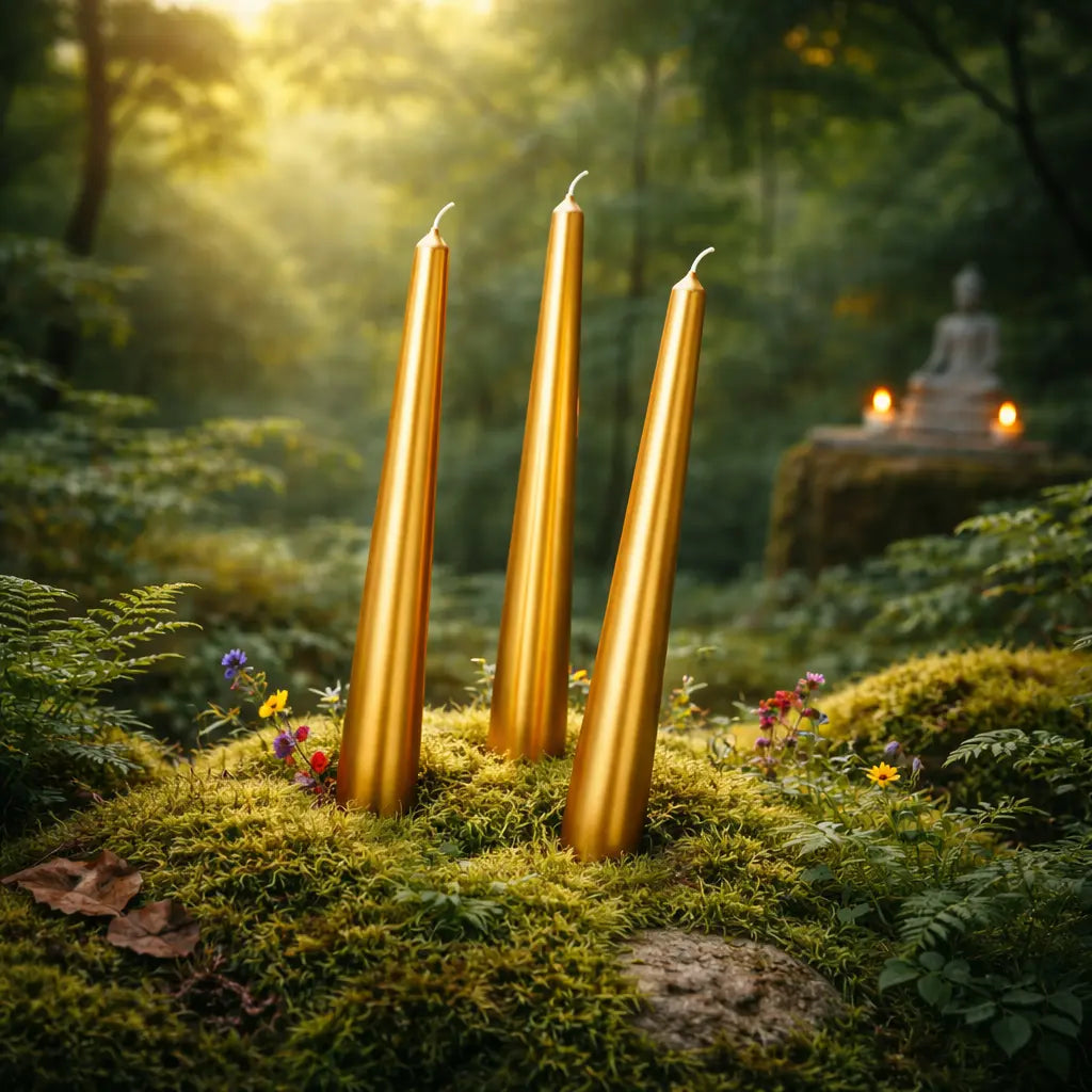 Lot de trois bougies métalisées flambeau or de 25 cm de haut posées dans un décor de forêt mystique.
