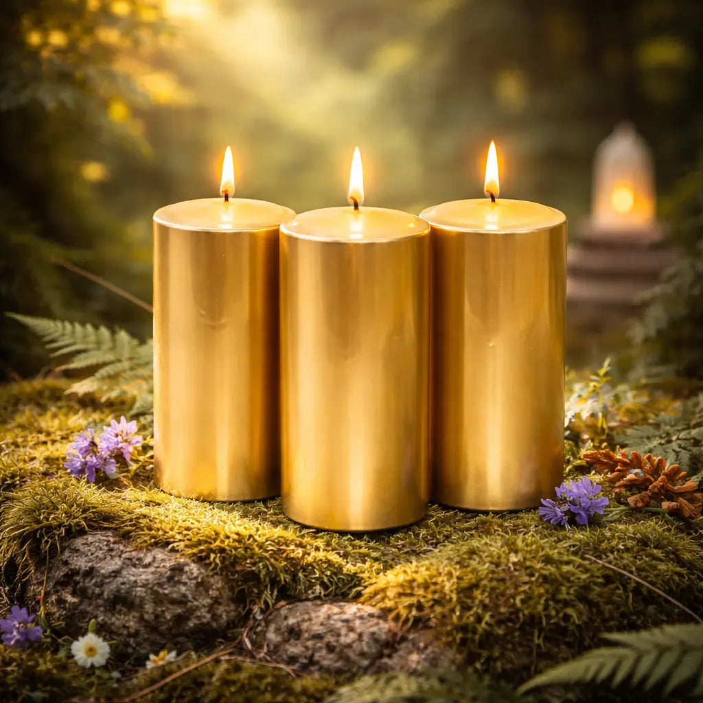 Lot de trois bougies piliers métalisées cylindre or de 10 cm allumées dans un décor naturel de mousse et de fleurs.