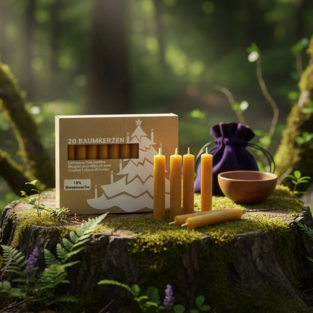 Boîte en carton de 20 bougies d'arbre posée sur une souche moussue en forêt, entourée de plusieurs exemplaires de la Bougie mini 1,5h - 10% Cire d'Abeille à côté d'un bol en bois.