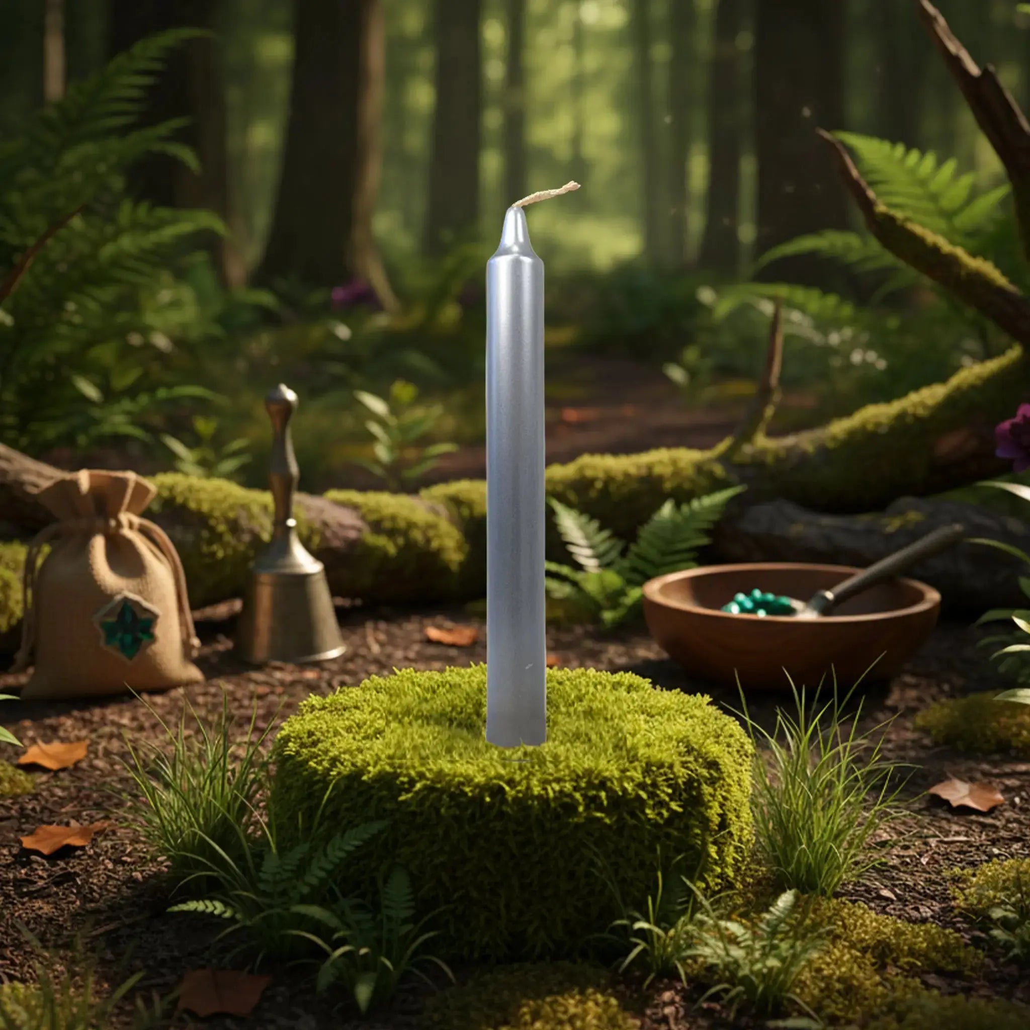 Bougie teintée argent, élancée et brillante, plantée sur un socle de mousse en pleine forêt, parfaite pour les rituels de protection, de clairvoyance et de connexion aux énergies lunaires.