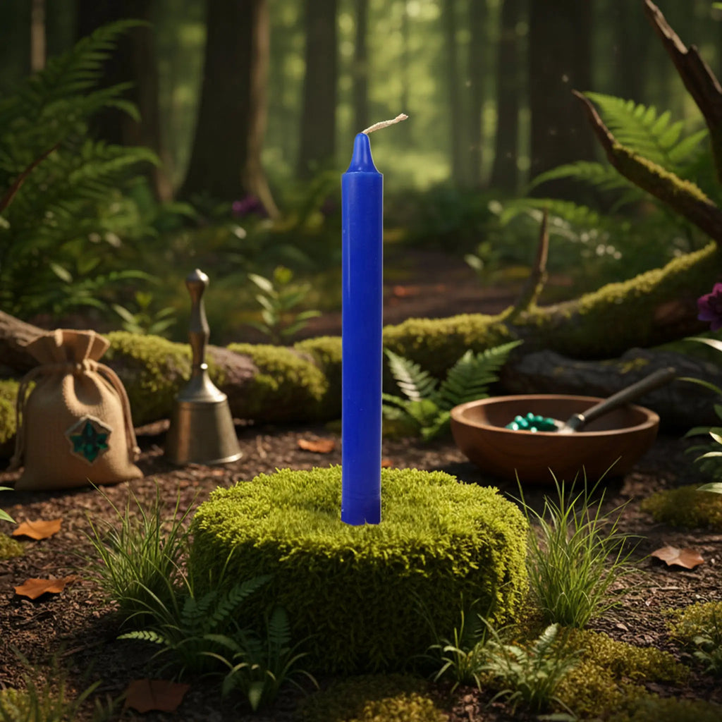 Bougie teintée dans la masse bleu marine, non allumée, dressée au centre d’un coussin de mousse au cœur d’une forêt enchantée, idéale pour rituels magiques et méditations profondes.