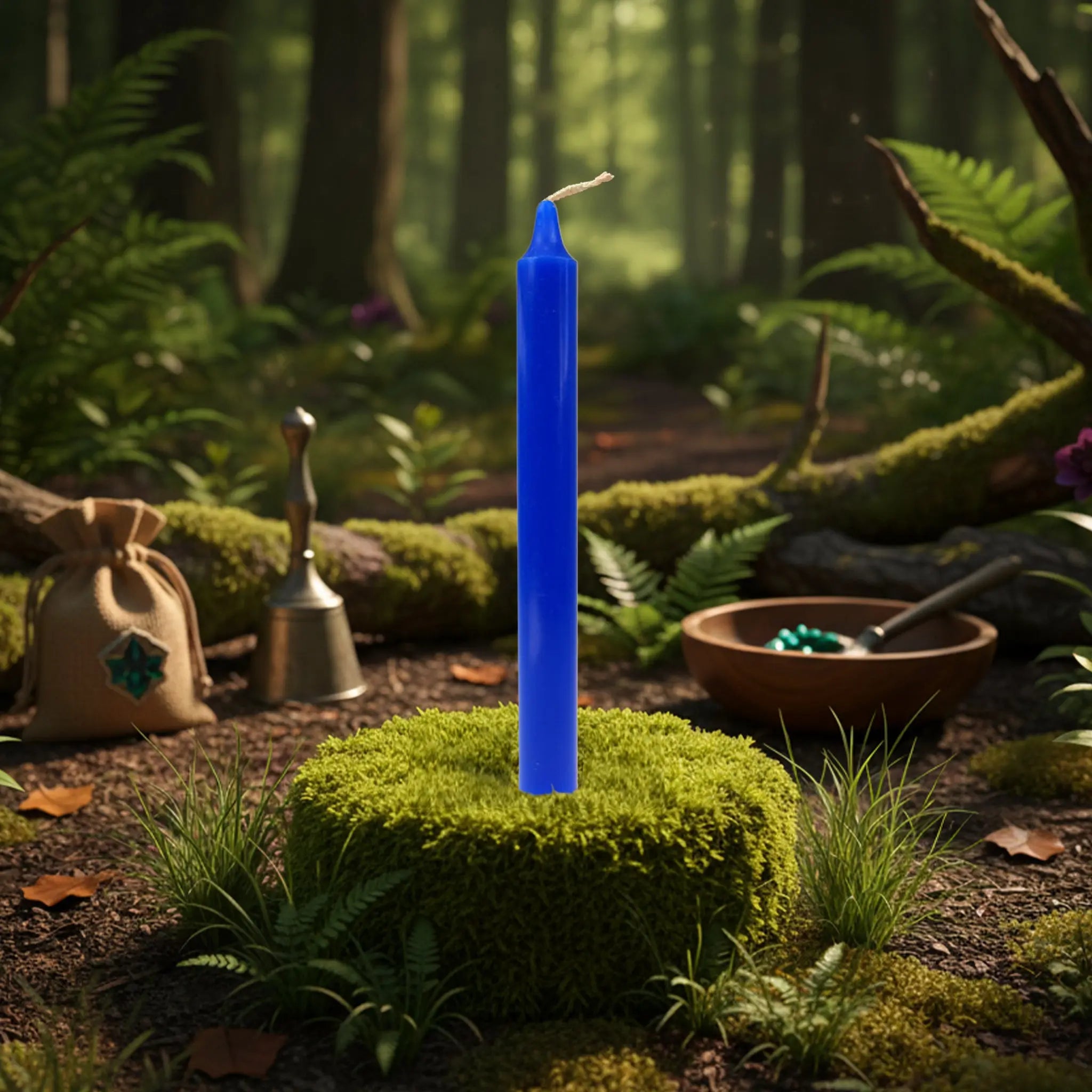 Bougie teintée dans la masse bleu roi, dressée sur un coussin de mousse au cœur de la forêt, parfaite pour les rituels de protection, de sérénité, de communication claire et de connexion spirituelle en magie et ésotérisme.