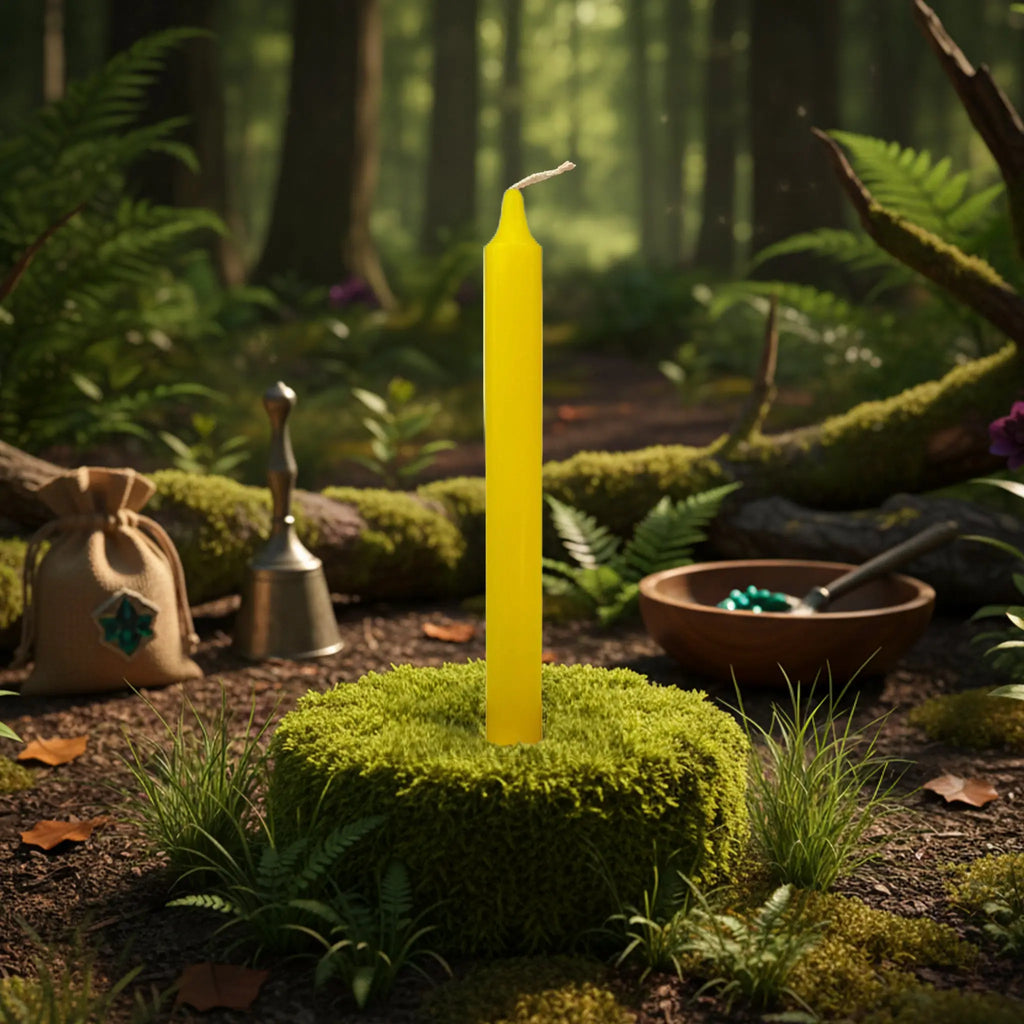 Bougie teintée dans la masse jaune vif, dressée sur un coussin de mousse au cœur d’une clairière forestière, idéale pour des rituels de joie, de clarté mentale et d’optimisme.