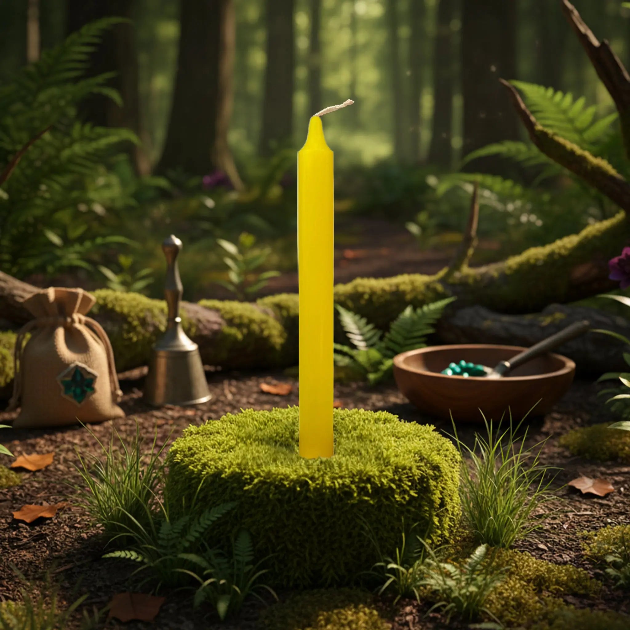 Bougie teintée dans la masse jaune vif, dressée sur un coussin de mousse au cœur d’une clairière forestière, idéale pour des rituels de joie, de clarté mentale et d’optimisme.