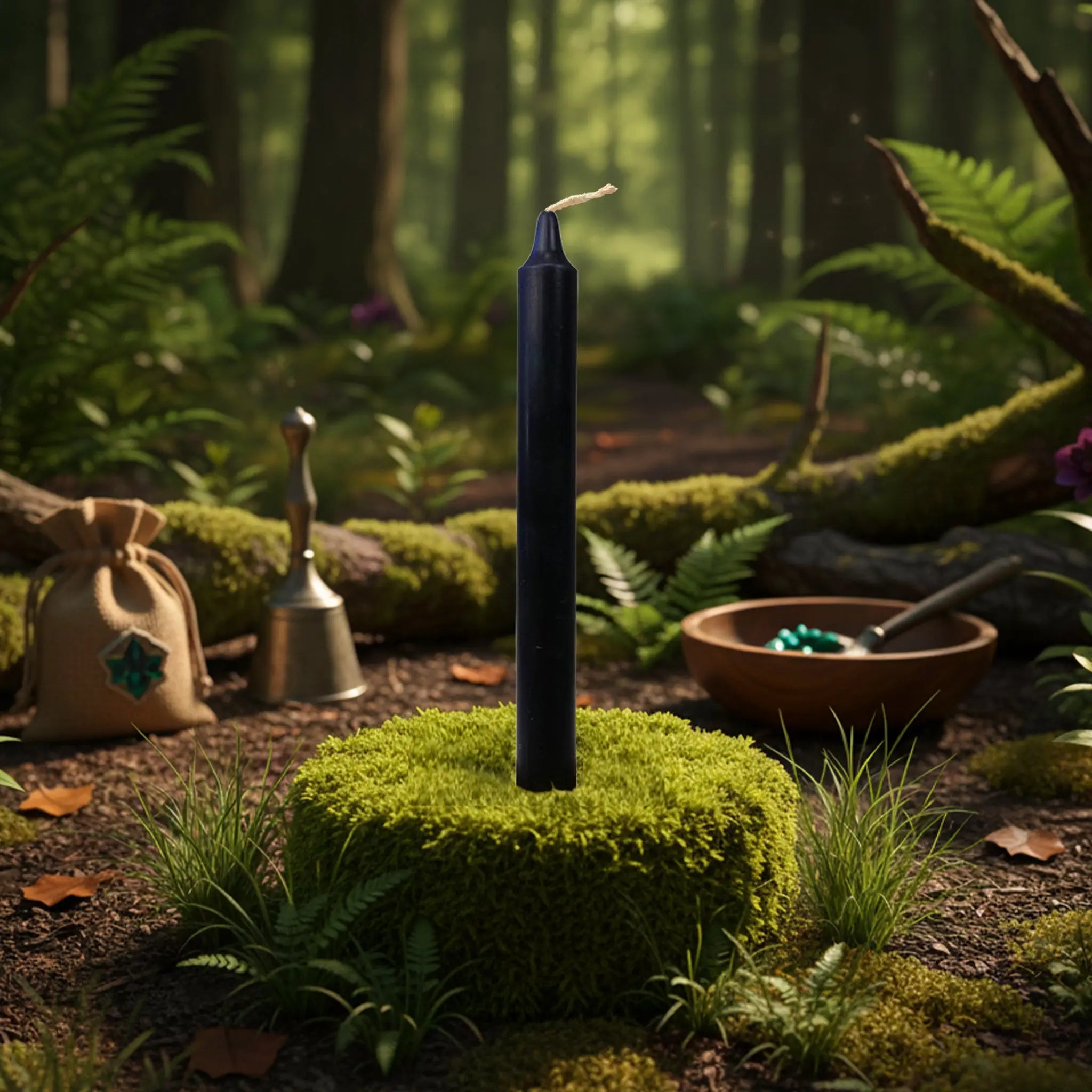 Bougie teintée dans la masse noire, longue et fine, dressée sur un socle de mousse verte au cœur d’une clairière forestière, ambiance rituel ésotérique.