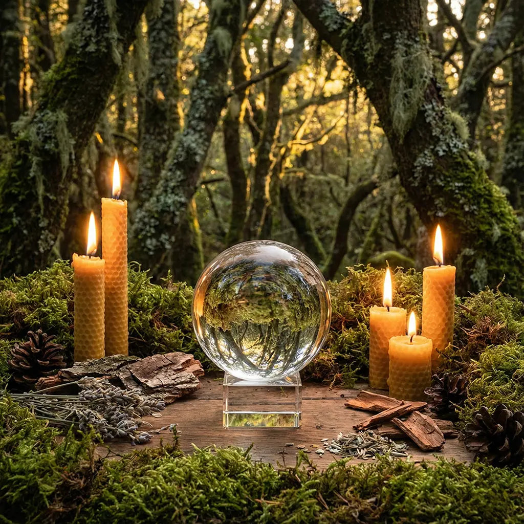 Boule de Cristal avec Support - 10 cm en cristal véritable posée sur un socle carré entourée de bougies et de mousse.