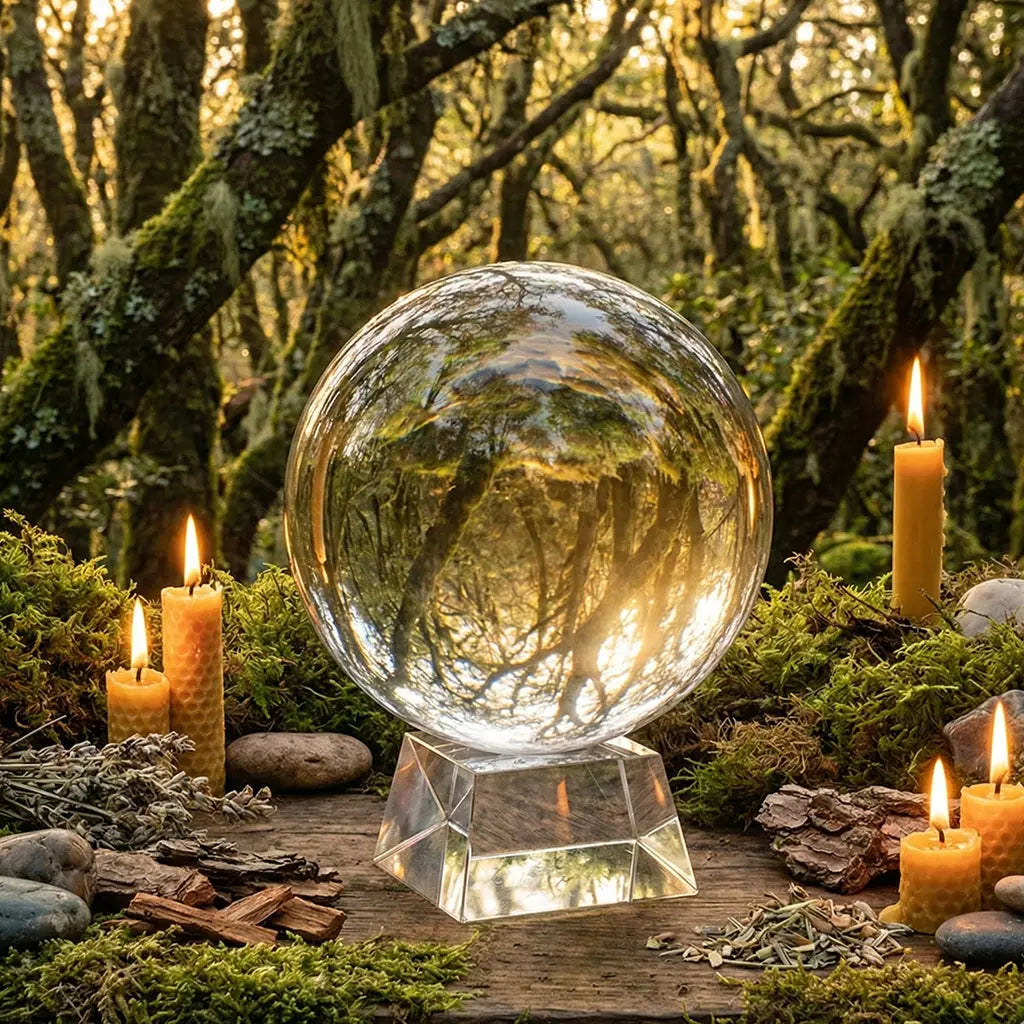 Boule de Cristal avec Support - 19-20 cm posée sur un socle en verre au milieu d'une forêt moussue avec des bougies.